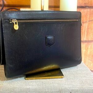 Vintage, authentic, Celine black leather large business zipped up clutch/pouch